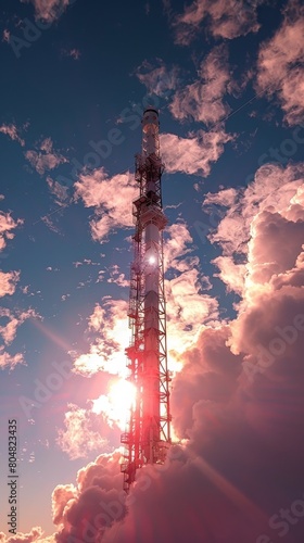 Communication Tower Piercing Through Clouds at Sunrise, Symbolizing Technological Advancement and Connectivity