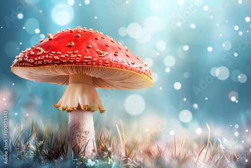 Red magic mushroom in grass on background with bokeh effect