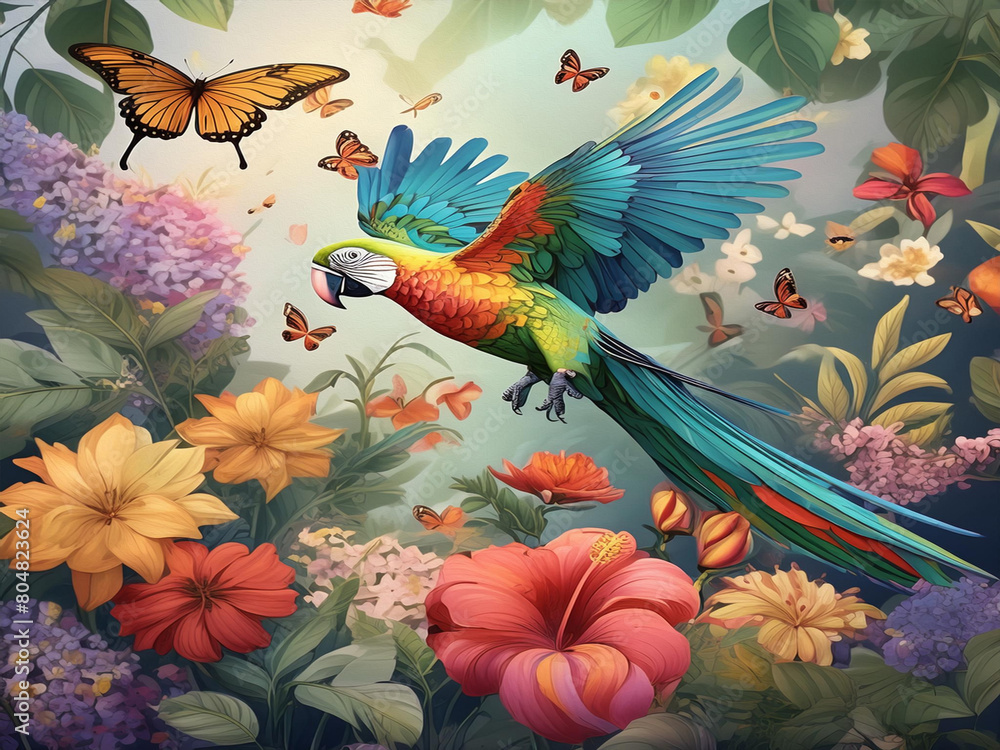  illustration of parrot with colorful floral