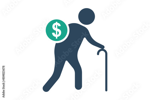 retirement icon. elderly using walking stick with dollar. icon related to elderly. solid icon style. old age element illustration