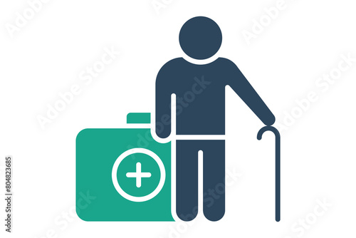 health icon. elderly using walking stick with health box. icon related to elderly. solid icon style. old age element illustration