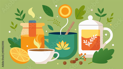 The herbal teas carefully selected for their healing properties provide a nourishing and rejuvenating boost to the mind and body.. Vector illustration