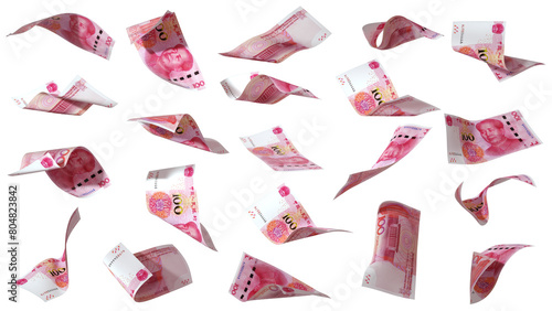 3D rendering of 100 Chinese renminbi notes flying in different angles and orientations isolated on transparent background