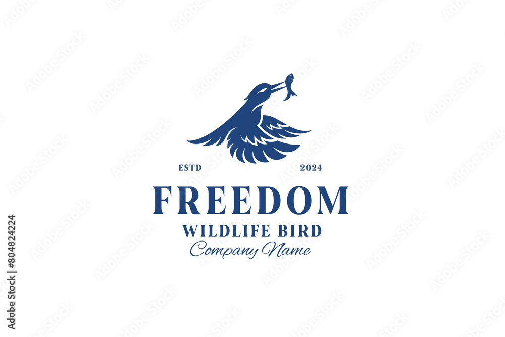 Obraz premium Freedom eagle prey Logo vintage style. silhouette Bird of prey fish vector illustration logo