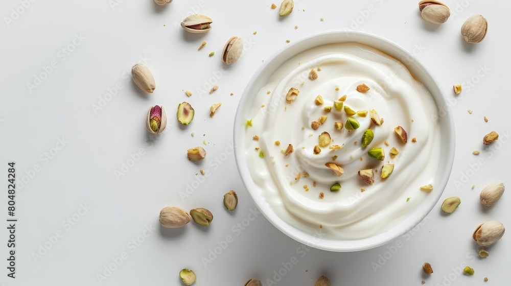 Fototapeta premium Top perspective of natural yogurt with an elegant serving of nut paste and pistachios, set for high-end advertising on a pure white background, precise studio lighting
