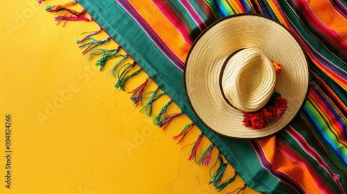 A vibrant yellow backdrop adorned with a classic Mexican Sombrero and colorful serape blanket providing ample space for text or graphics