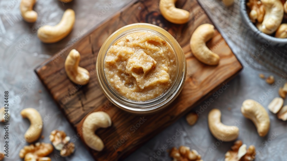 Fototapeta premium Simple yet elegant top view setup of nut paste in a jar with cashews on a wooden cutting board. Minimalist design for advertising. Clear background, balanced studio light