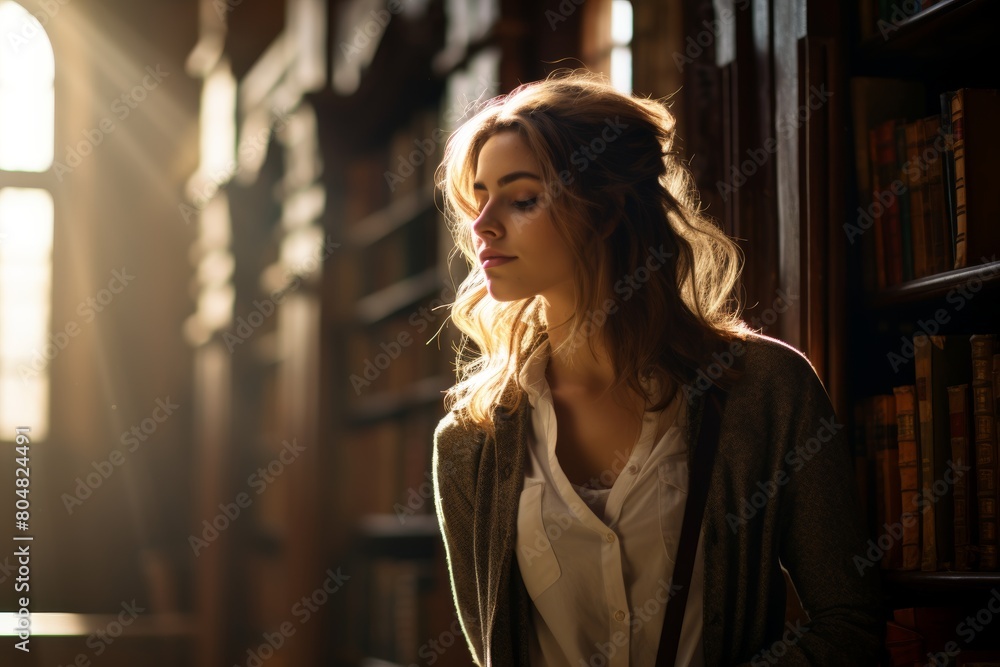 A Young Woman Lost in Thought While Surrounded by the Vast Knowledge of an Ancient, Sunlit Library Filled with Towering Bookshelves