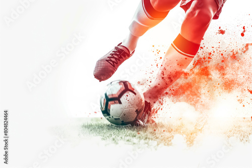 A soccer player kicks a ball on a field