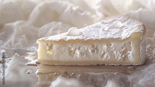 Sophisticated close-up of a Camembert cheese segment, with droplets of moisture that highlight its freshness, set against a subtle, textured background