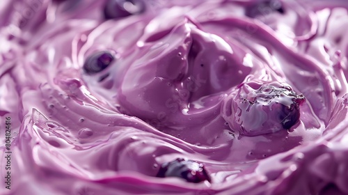 Premium look of thick Greek yogurt with blueberry jam, focusing on the glossy texture and perfect swirls, shot in studio lighting for advertising