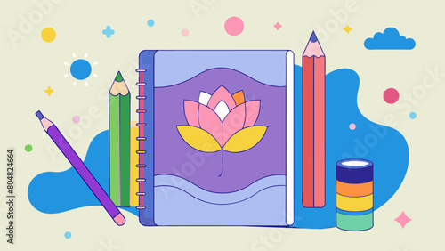 A theutic coloring book and accompanying colored pencils designed to promote mindfulness and relaxation.. Vector illustration