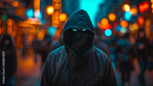 Urban Mystery: Hooded Figure Alone in Neon-Lit Street