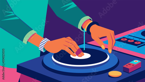 With a flick of their wrist the DJ drops the needle onto a new track adding an unexpected twist to the mix and keeping the audience on their toes. Vector illustration