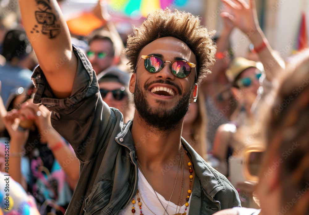 Obraz premium Handsome brown man with afro wearing sunglasses was dancing in the middle of a crowd at an outdoor music festival.