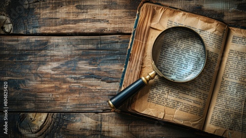 Magnifying Glass Resting on an Open Antique Book on a Wooden Table