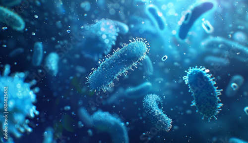 3d render of bacteria background, blue color with some white light