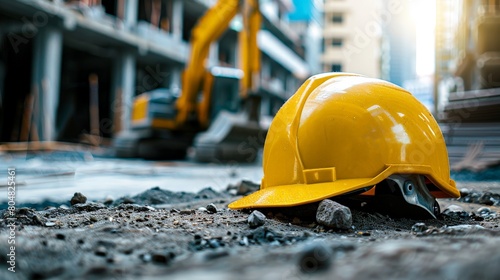 Yellow construction helmet on the ground with a blurred background of a construction area with machinery photo