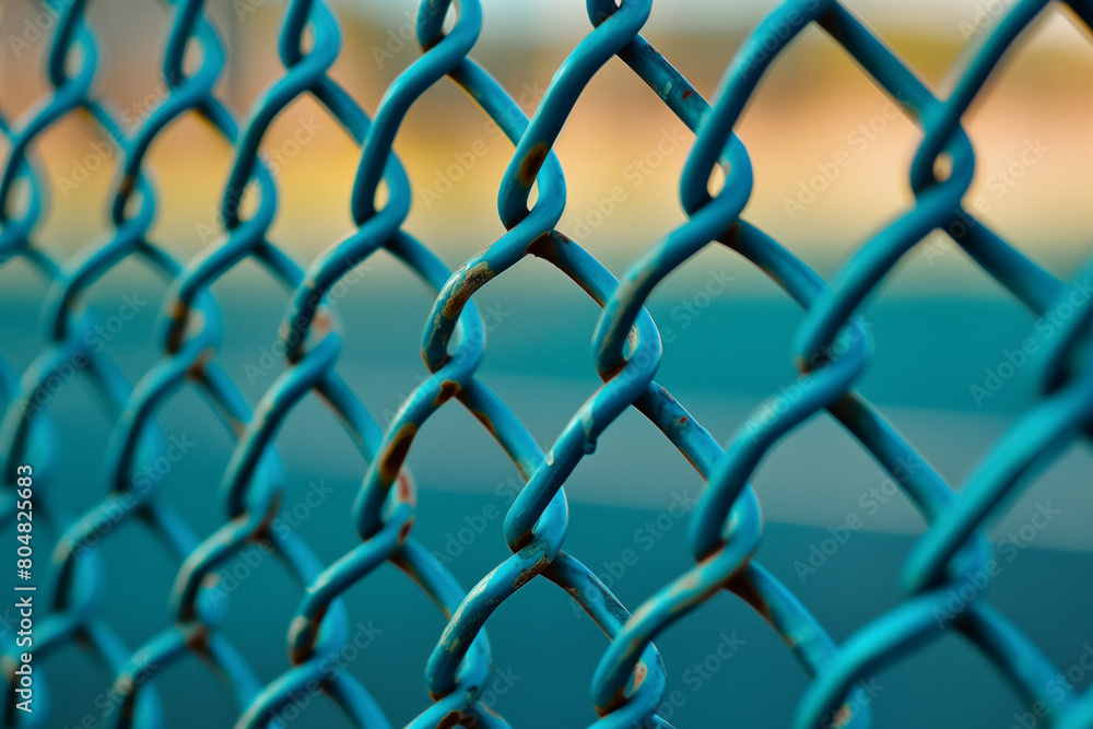 Fototapeta premium Closeup of a blue chain link fence with a blurred background, school sports field