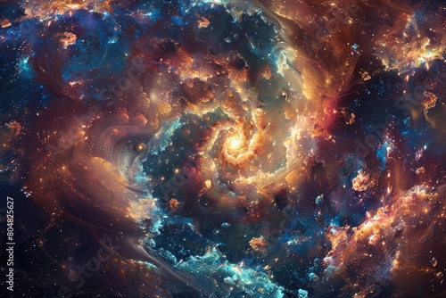 The depths of space, surrounded by a galaxy of swirling stars and nebulae.Swirling vortices of cosmic energy, colorful Nebulae and star clusters