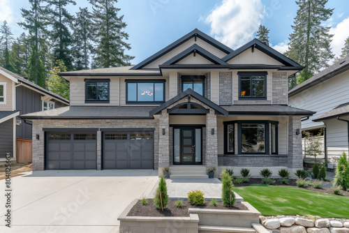 A beautiful two story modern home with grey stone exterior, black trim and windows. There is an inviting front yard that has green grass, large concrete driveway and plants