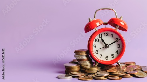 Alarm clock on top of stack of coins on purple background, long term investment concept