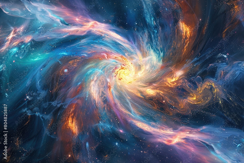 Obraz premium The depths of space, surrounded by a galaxy of swirling stars and nebulae.Swirling vortices of cosmic energy, colorful Nebulae and star clusters