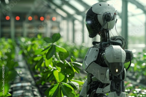 Humanoid robot taking care of plants in a modern greenhouse