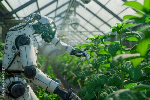 Humanoid robot taking care of plants in a modern greenhouse