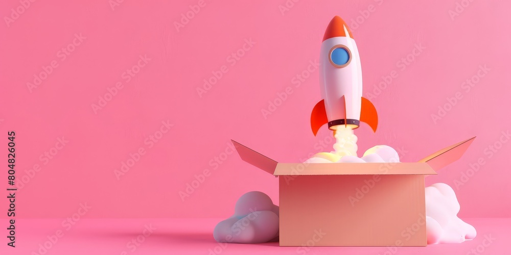 Rocket coming out of cardboard box on pink background, startup concept