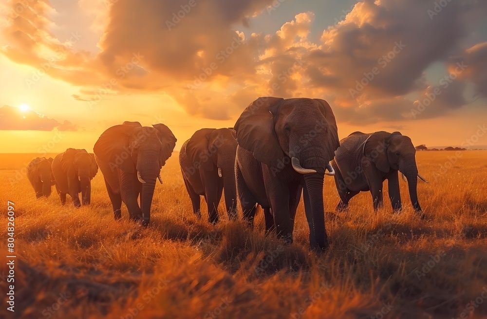 Elephants Grazing in Serene Savanna Landscape at Sunset