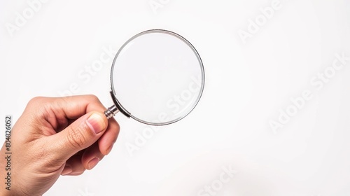 hand hold magnifying glass, isolated white background