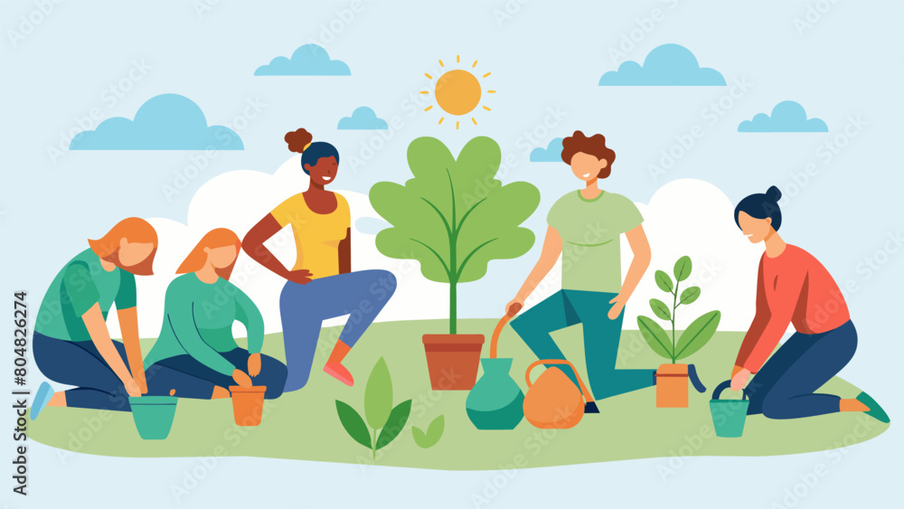 Fototapeta premium As the yoga session comes to a close the group moves on to the planting portion of the event digging holes watering and planting various seeds and. Vector illustration
