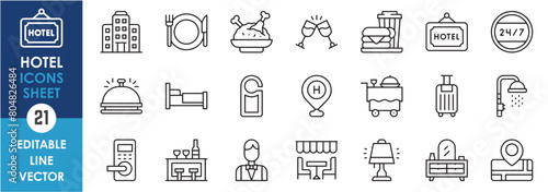 Line icons set of hotel. Hotel and travel icons collection. Outline style including hotel sign, food, shower, map, travel and so on.