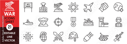 Line icons set representing war. Outline icons with war, explosion, submarine, fighter jets, medal and so on.