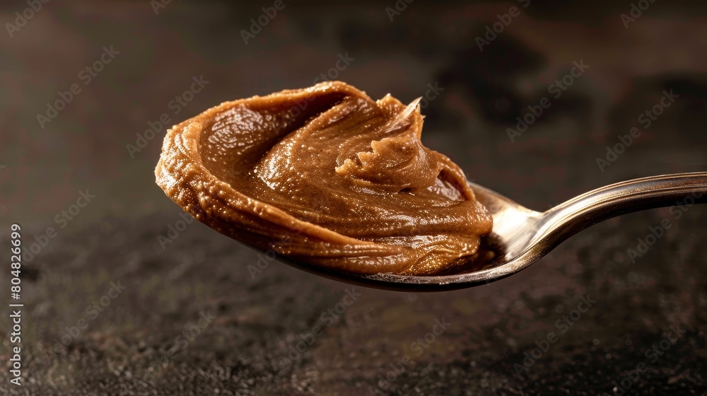 Fototapeta premium Perfectly detailed, glistening almond butter on a silver spoon, the smooth sheen captured under professional studio lighting, ideal for high-end culinary ads, isolated backdrop