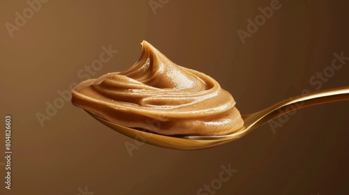 Precision shot of a golden spoon holding hazelnut butter, its shiny surface illuminated by soft studio lighting, emphasizing the creamy texture, set against a simple background photo