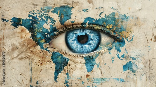 World map with human eye in the center photo