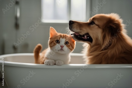 'bathtub together dog cat animal bathe bathroom breed canino felino grooming home house pet terrier tub grey laundered clean bubble suds soap faucet modern interior wet water'