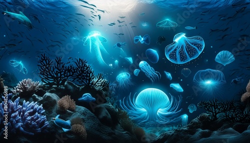神秘的な蓄光深海の世界 - 幻想的なクラゲの生命