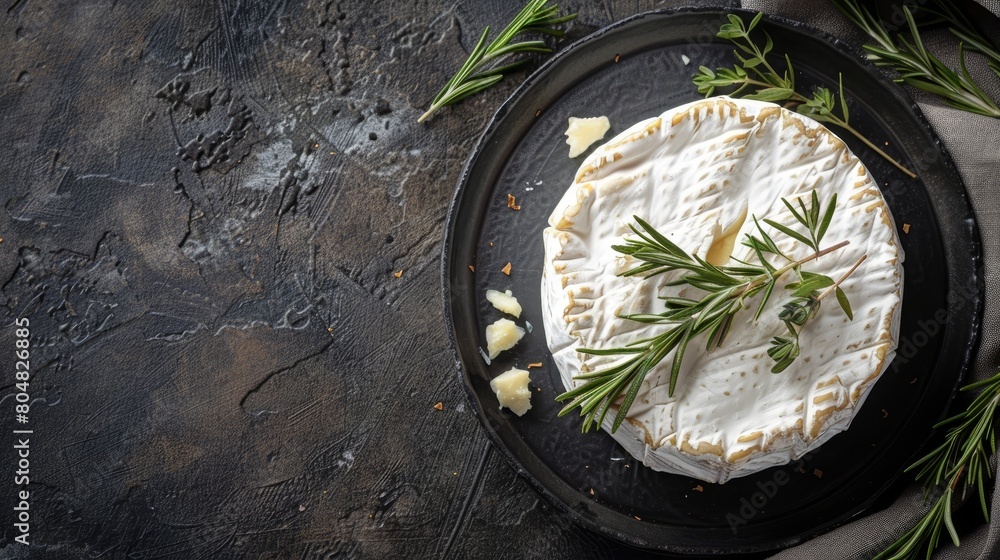 Luxurious top view of creamy, surface-ripened camembert cheese on an elegant, isolated background, perfect for sophisticated ads Luxurious top view of creamy, surface-ripened camembert cheese on an elegant, isolated background, perfect for sophisticated ads
