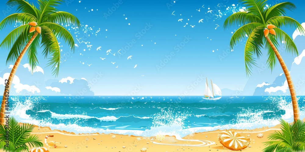 Obraz premium Tropical Beach Panorama with Palm Trees and Vibrant Blue Sea, Perfect for Vacation and Travel Destinations