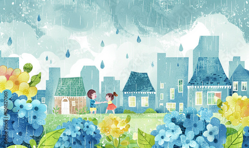 Rainy Day in a Colorful Neighborhood: An Illustrated Scene photo