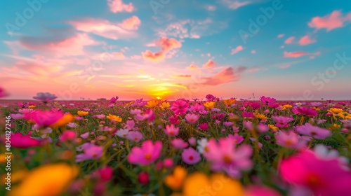 Vibrant Sunset Over a Field of Colorful Wildflowers  Perfect for Themes of Nature  Beauty  and Tranquility