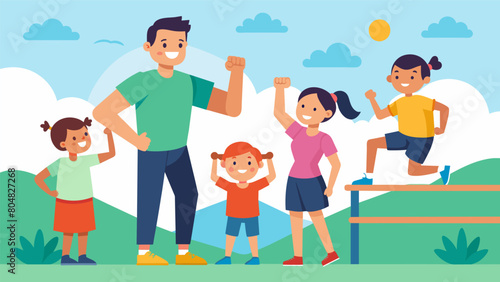 Proud parents watch their children tackle the obstacles and challenges of a family fitness scavenger hunt building confidence and physical skills.. Vector illustration