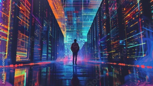 Man standing in server room of large data center. Computer engineering and big data concept photo
