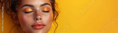 Sensitive skin makeup gentle lighting pastel yellow background ad text space