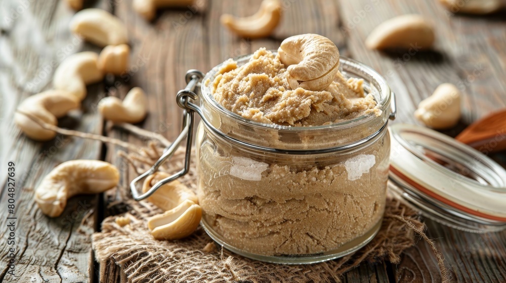 High-detail image of fresh cashew paste in an open jar, wooden table, isolated on a white backdrop with professional studio lighting High-detail image of fresh cashew paste in an open jar, wooden table, isolated on a white backdrop with professional studio lighting
