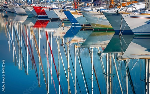 Image of rows of luxury sailboats reflected in the water  cruise ship harbor in the bay