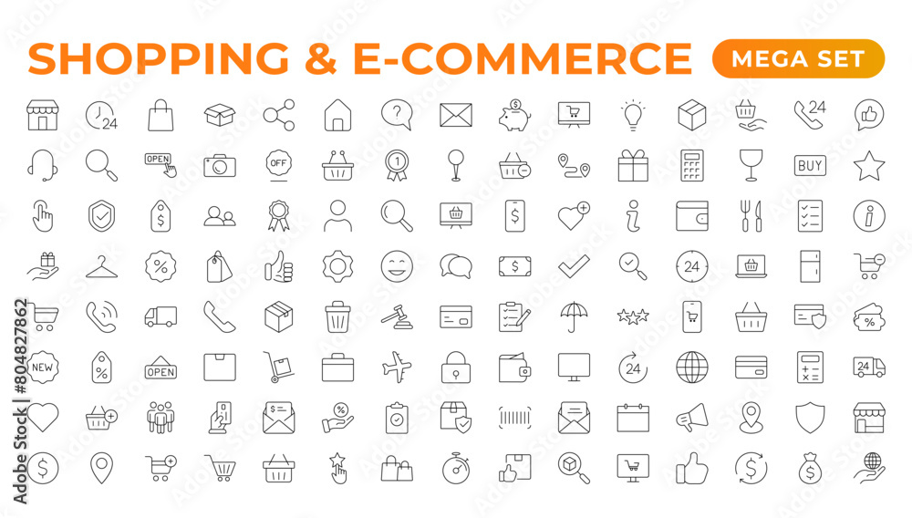 E-Commerce set of web icons in line style. Online shopping icons for web and mobile app. Business, mobile shop, digital marketing, bank card, gifts, sale, delivery. Vector illustration E-Commerce set of web icons in line style. Online shopping icons for web and mobile app. Business, mobile shop, digital marketing, bank card, gifts, sale, delivery. Vector illustration